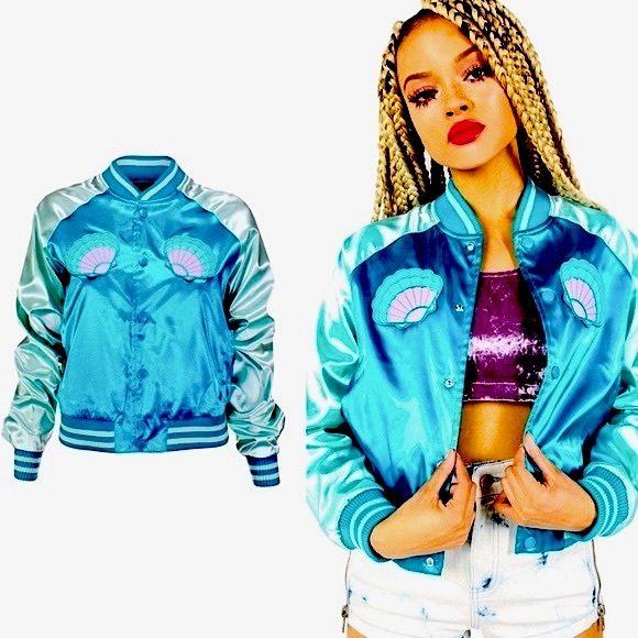 IRON FIST Mermaid For Life teal & aqua embroidered satin bomber jacket NWT - Picture 7 of 9